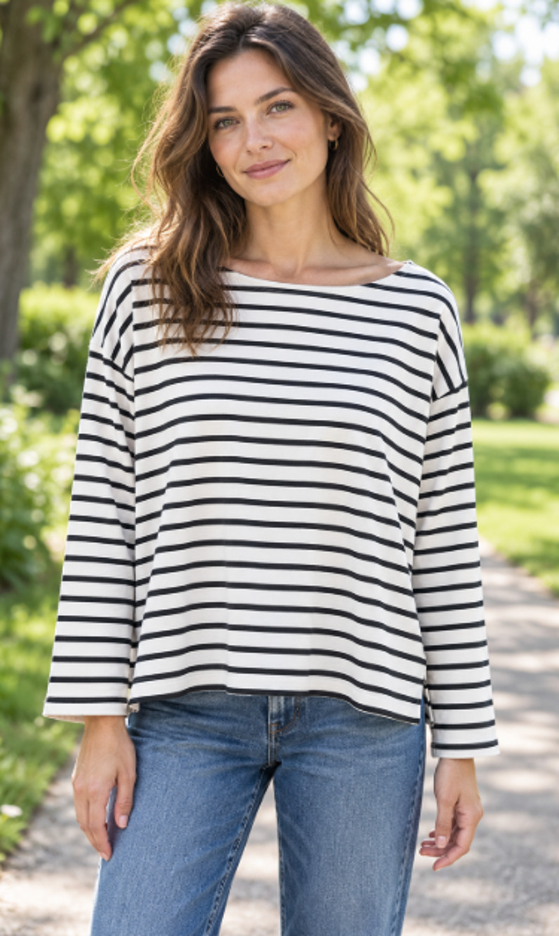 Black white Stripe Boat Neck Long Sleeve T-shirt 100% cotton coastal preppy XXL